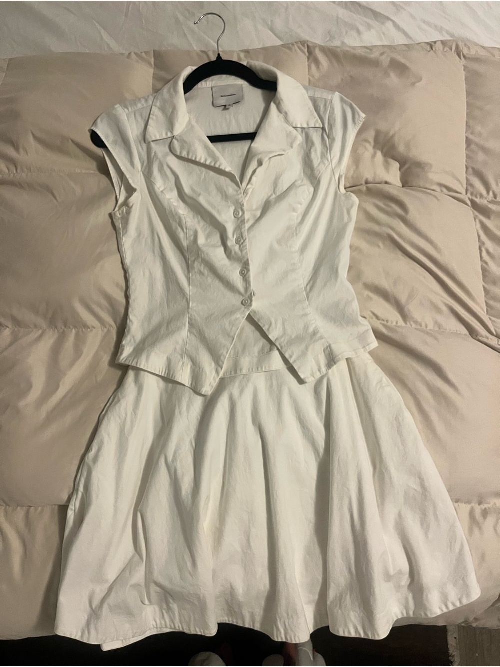 Reformation White Cap-Sleeve Button Front Skirt Set.